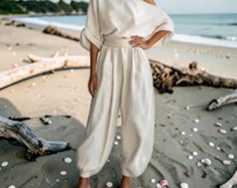 Women's two-piece white linen set.