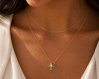 Collar delicado de avión con piedra de nacimiento, collar de avión dorado, collar de viaje, regalo para azafata, regalo para amante de los viajes, dije de avión