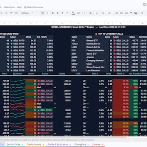 May include: A spreadsheet displaying financial data, including stock tickers, scores, and actions. The data is organized in rows and columns with a dark background and white text. Charts and graphs are also visible.