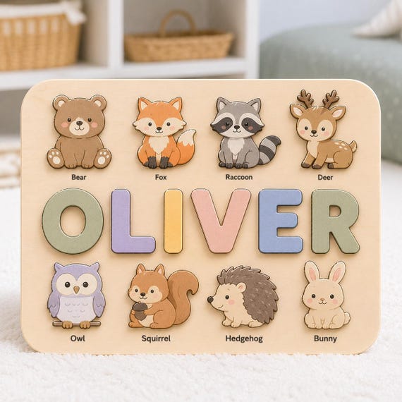 A Montessori-style wooden name puzzle featuring hand-illustrated woodland animals — each letter is a unique forest creature, making it both educational and genuinely beautiful nursery decor.