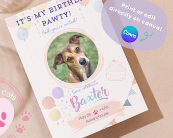 Convite de aniversário para pet com foto, festa para cachorro ou gato, ideal para mães de gatos e mães de cachorros, perfeito para comemorar o aniversário de adoção. Modelo editável no Canva.