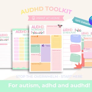 AuDHD-verktygslåda, neurodivergent terapi-arbetsbladsplanerare, ADHD-dopaminmeny, digitalt dagligt arbetsblad, redigerbar Canva-mall