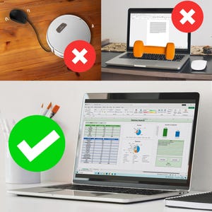 Pode incluir: Um laptop exibindo uma planilha com dados financeiros, marcado com uma marca de seleção verde. O texto "The Stealth Budgeter" está na parte inferior. Um caderno e um porta-canetas também são visíveis.