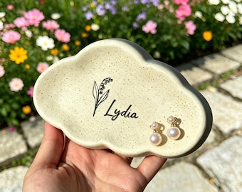 Gepersonaliseerde keramische sieradenschaal, gegraveerde naam oorbelblad, aangepaste bloemringschaal, cadeau voor haar, cadeau-idee bruidsmeisje, aandenken nieuwe moeder