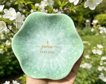 Gepersonaliseerde doopschotel, gegraveerde naamsieraden schotel, aangepaste ringhouder, ceremonie-erfstuk, eerste communiecadeau, bijbelvers cadeau