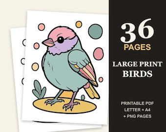 Large Print Bird Coloring Book for Seniors, 36 Bold Easy Bird Pages (PDF)