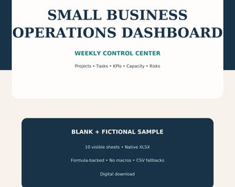Small Business Operations Dashboard Spreadsheet | Weekly Control Center XLSX | Project Task KPI Capacity Risk Tracker