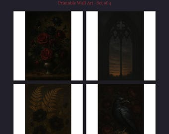 Gothic Wall Art Set of 4, Printable Dark Academia Moody Prints, Gothic Gallery Wall Decor, Digital Download