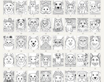 Pode incluir: Uma coleção digital de 40 páginas para colorir em preto e branco com várias raças de cães em cenários festivos. Cada página exibe uma ilustração canina única com elementos natalinos como árvores, presentes e lareiras, numeradas de 1 a 40.