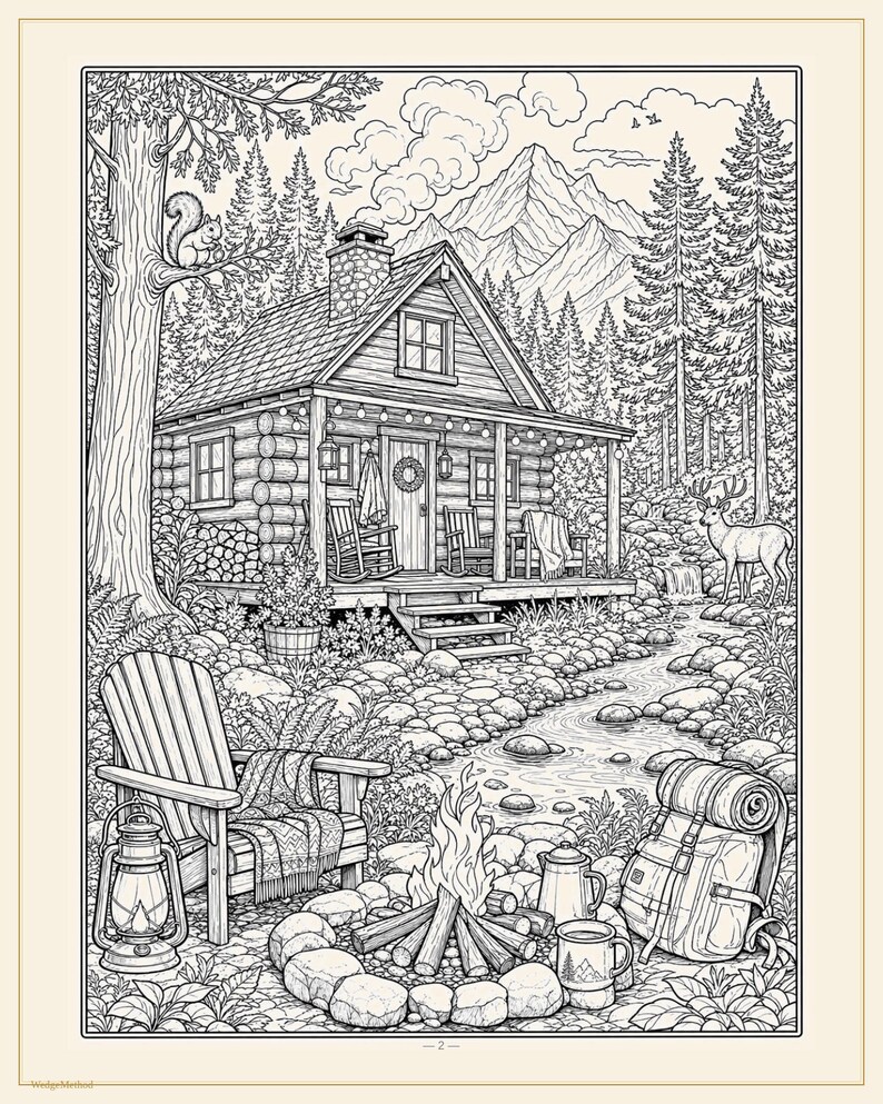 Camping Coloring Book for Adults, 28 Detailed Outdoor, Mountain Lake and Campfire Pages, Nature Coloring, US Letter and A4 PDF image 7