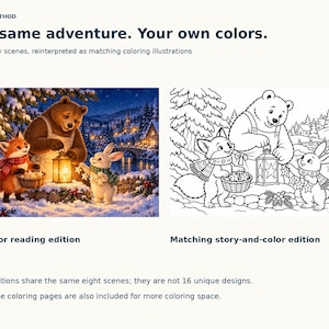 Full-color and line-art versions of the same scene, with Bear holding a star lantern while Fox holds a basket and Rabbit holds paper stars.
