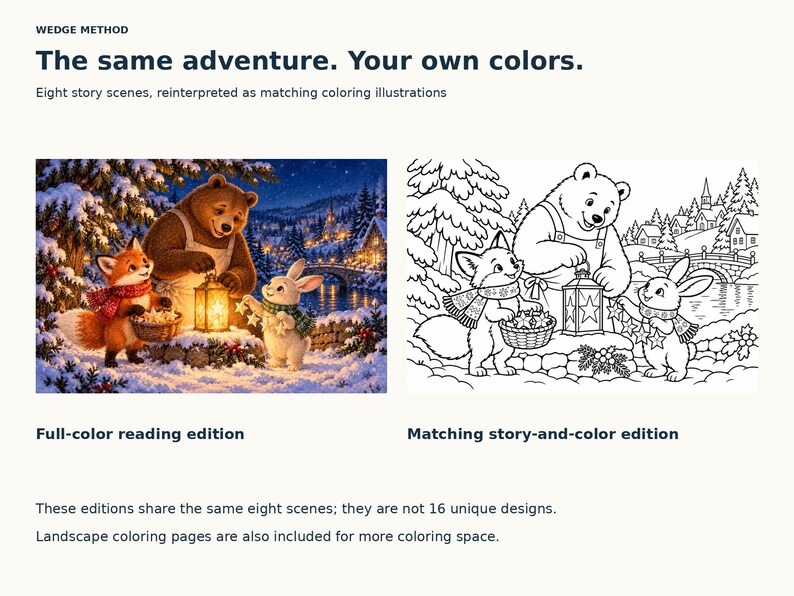 Full-color and line-art versions of the same scene, with Bear holding a star lantern while Fox holds a basket and Rabbit holds paper stars.