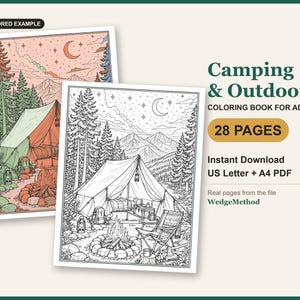 Camping & Outdoors Coloring Book cover: a real page from the PDF shown as line art next to a colored example