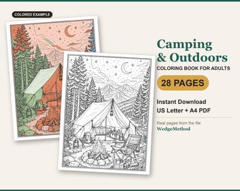 May include: A Camping & Outdoors coloring book for adults with 28 pages, featuring a black and white line art illustration of a tent, campfire, and forest landscape, alongside a colored example version. Includes text: Instant Download US Letter + A4 PDF.