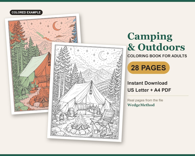 Camping & Outdoors Coloring Book cover: a real page from the PDF shown as line art next to a colored example