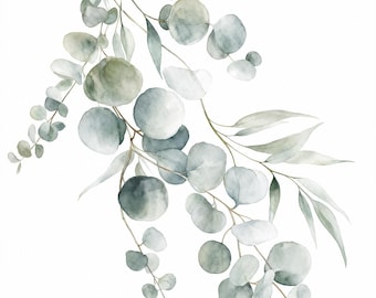 Impressão em aquarela de eucalipto | Arte botânica para parede | Arte minimalista em tons de verde sálvia | Download digital para impressão | Decoração neutra para casa