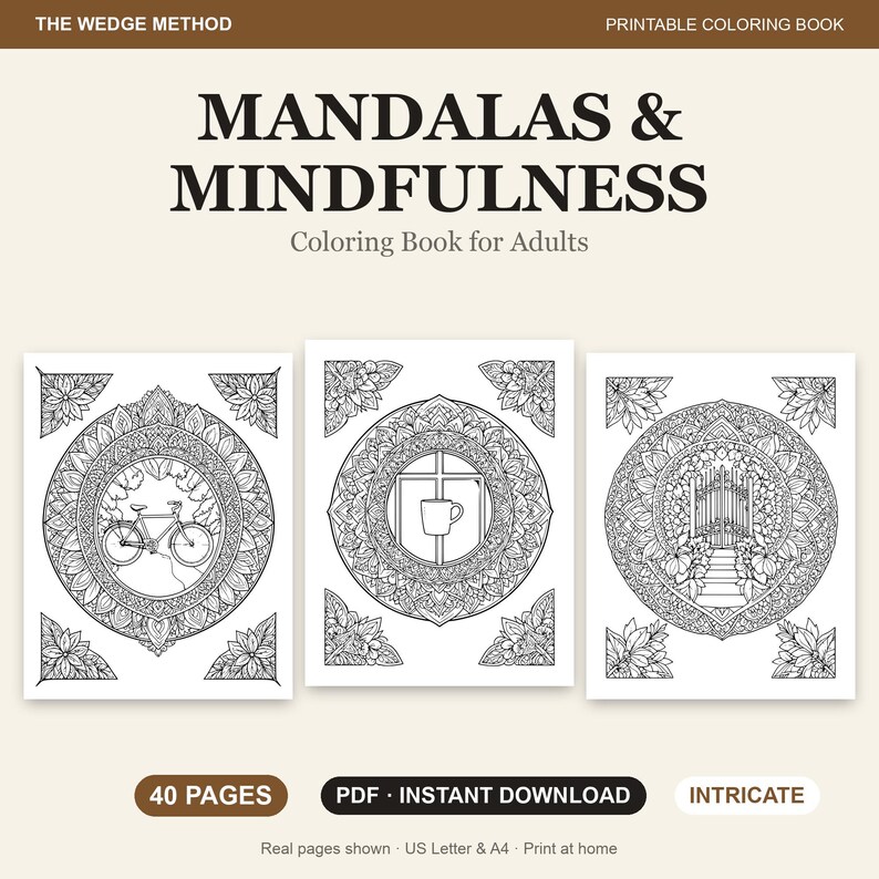 Mandala Coloring Book for Adults, 40 Detailed Mindfulness Mandalas, Printable PDF image 2