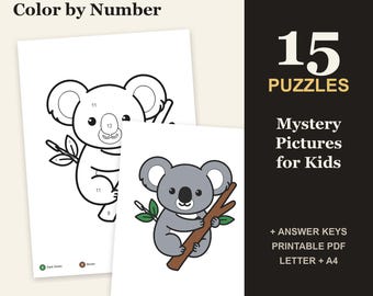 Animals Color by Number Puzzles for Kids, 15 Mystery Pictures (PDF Download)