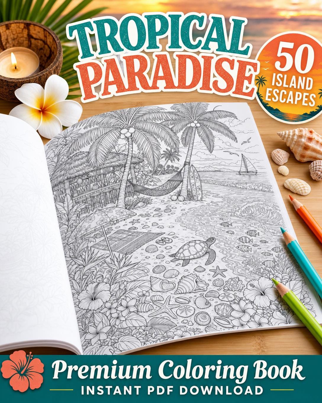 Tropical Paradise Coloring Book for Adults | Instant PDF Download, 50 ...
