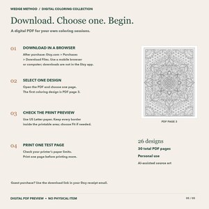 Puede incluir: Una hoja de instrucciones en PDF digital para una colecci&oacute;n de colorear titulada Wedge Method. Describe cuatro pasos para descargar, seleccionar, previsualizar e imprimir 26 dise&ntilde;os. Se muestra una vista previa de un patr&oacute;n de mandala complejo como p&aacute;gina 3.