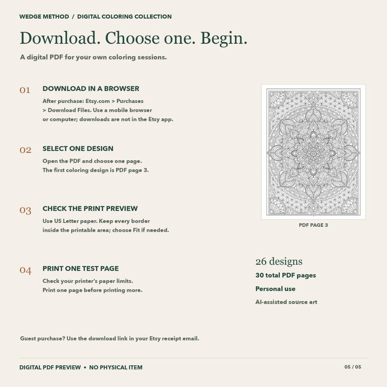 Puede incluir: Una hoja de instrucciones en PDF digital para una colecci&oacute;n de colorear titulada Wedge Method. Describe cuatro pasos para descargar, seleccionar, previsualizar e imprimir 26 dise&ntilde;os. Se muestra una vista previa de un patr&oacute;n de mandala complejo como p&aacute;gina 3.