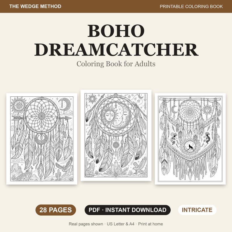 Boho Dreamcatcher Coloring Book for Adults, 28 Intricate Feather and Bohemian Pages, US Letter and A4 PDF image 2