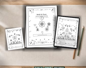 Bold and Easy Coloring Pages Printable — 10 Stress Relief Thick Line Pages for Adults PDF