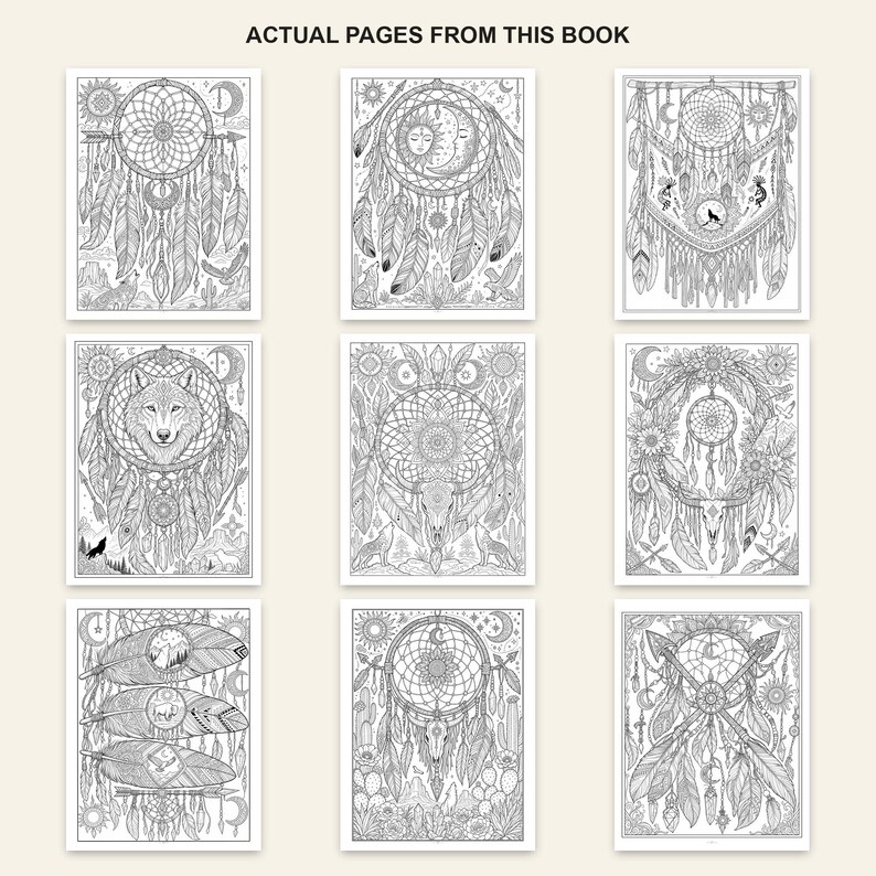 Boho Dreamcatcher Coloring Book for Adults, 28 Intricate Feather and Bohemian Pages, US Letter and A4 PDF image 3