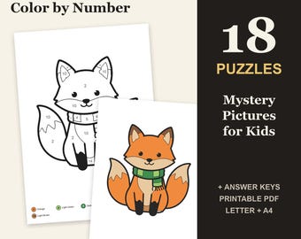 Christmas Color by Number Puzzles for Kids, 18 Holiday Mystery Pictures (PDF)