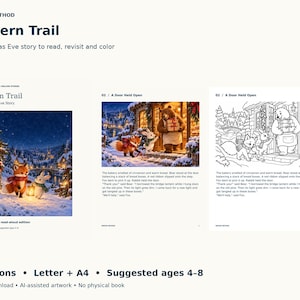 Lantern Trail printable collection showing its illustrated cover, a full-color bakery story page with Fox, Rabbit and Bear, and the matching line-art story page. Three editions in Letter and A4; digital download with AI-assisted artwork.