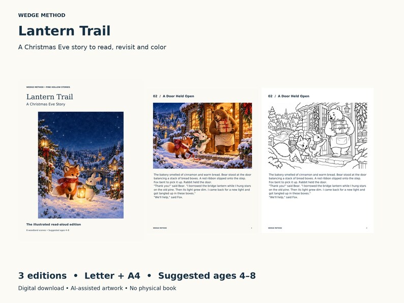 Lantern Trail printable collection showing its illustrated cover, a full-color bakery story page with Fox, Rabbit and Bear, and the matching line-art story page. Three editions in Letter and A4; digital download with AI-assisted artwork.