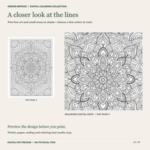 Puede incluir: Una p&aacute;gina para colorear digital titulada A closer look at the lines, que presenta un dise&ntilde;o de mandala en blanco y negro. La imagen muestra una vista de p&aacute;gina completa etiquetada PDF PAGE 3 y un recorte digital ampliado, con instrucciones de impresi&oacute;n.