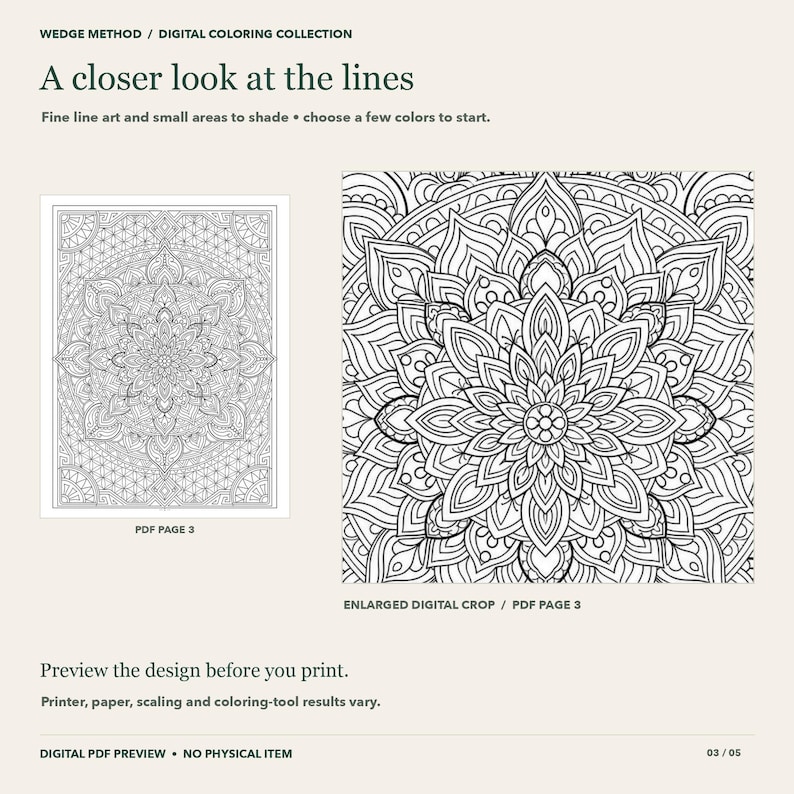 Puede incluir: Una p&aacute;gina para colorear digital titulada A closer look at the lines, que presenta un dise&ntilde;o de mandala en blanco y negro. La imagen muestra una vista de p&aacute;gina completa etiquetada PDF PAGE 3 y un recorte digital ampliado, con instrucciones de impresi&oacute;n.