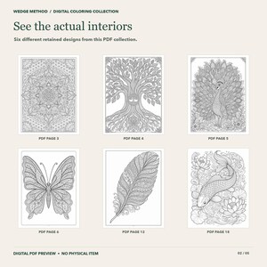 Puede incluir: Una colecci&oacute;n de colorear digital titulada WEDGE METHOD que presenta seis dise&ntilde;os de arte lineal en blanco y negro, incluyendo un mandala, un &aacute;rbol, un pavo real, una mariposa, una pluma y un pez koi con flores de loto, etiquetados como p&aacute;ginas PDF 3, 4, 5, 6, 12 y 18.