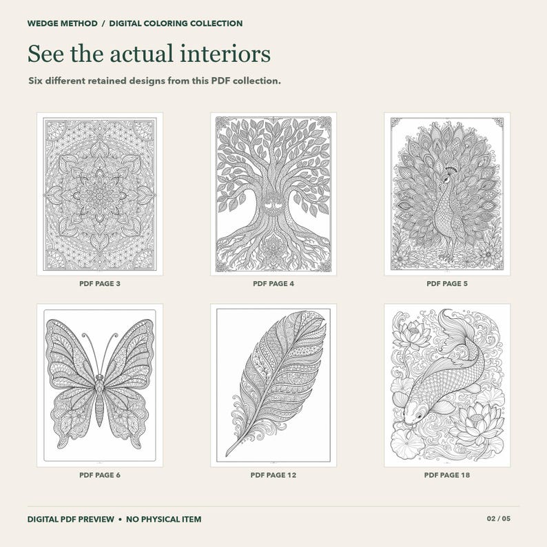 Puede incluir: Una colecci&oacute;n de colorear digital titulada WEDGE METHOD que presenta seis dise&ntilde;os de arte lineal en blanco y negro, incluyendo un mandala, un &aacute;rbol, un pavo real, una mariposa, una pluma y un pez koi con flores de loto, etiquetados como p&aacute;ginas PDF 3, 4, 5, 6, 12 y 18.