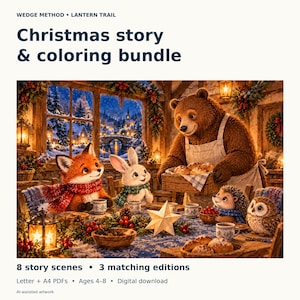 Square cover preview for Lantern Trail Christmas story and coloring bundle. Fox, Rabbit and woodland neighbors share bread around a table. Eight story scenes, three matching editions, Letter and A4 PDFs, suggested ages 4–8.