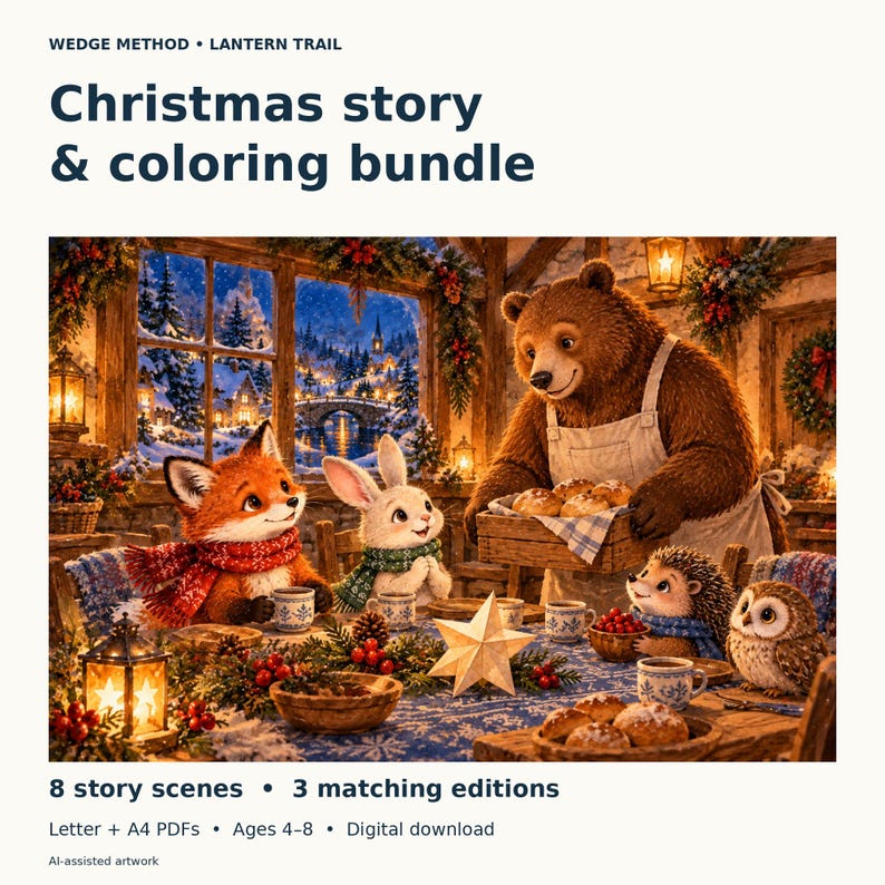 Square cover preview for Lantern Trail Christmas story and coloring bundle. Fox, Rabbit and woodland neighbors share bread around a table. Eight story scenes, three matching editions, Letter and A4 PDFs, suggested ages 4–8.