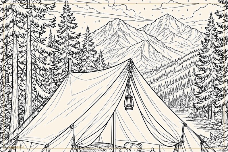 Camping Coloring Book for Adults, 28 Detailed Outdoor, Mountain Lake and Campfire Pages, Nature Coloring, US Letter and A4 PDF image 8
