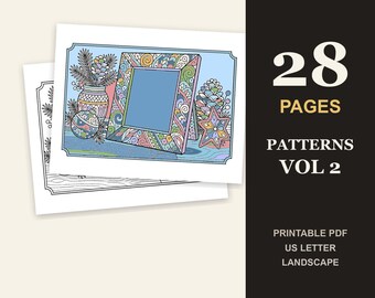 Könnte beinhalten: Ein digitales Malbuch-Set mit 28 Seiten im Querformat, US-Letter-Größe. Das Cover zeigt eine kolorierte Illustration eines Bilderrahmens, einer Vase mit Tannenzweigen, eines Sterns und einer Weihnachtskugel mit detaillierten Mustern.