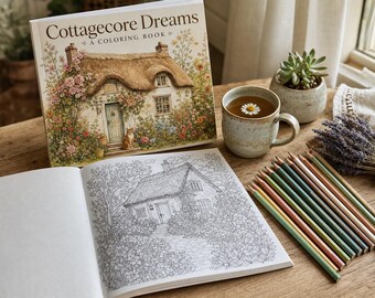 Cottagecore Dreams Adult Coloring Book | 30 Printable Pages | Digital Download | Farmhouse Garden Nature Scenes