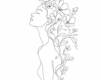 Impressão minimalista de mulher em estilo de linha | Forma feminina com flores | Desenho de linha contínua | Arte de parede para imprimir | Decoração feminina moderna