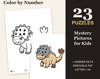 Dinosaur Color by Number for Kids, 23 Mystery Picture Puzzles with Answer Keys (PDF)