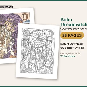 Boho Dreamcatcher coloring book cover: a real page from the PDF as line art next to a colored example
