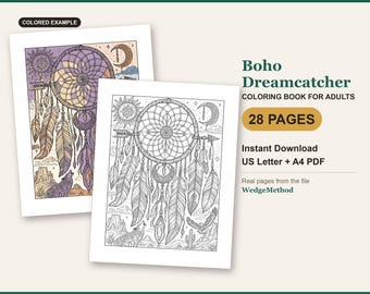 Boho-Traumfänger-Malbuch für Erwachsene, 28 detailreiche Seiten mit Feder- und Boho-Motiven, US-Letter-PDF, spirituell