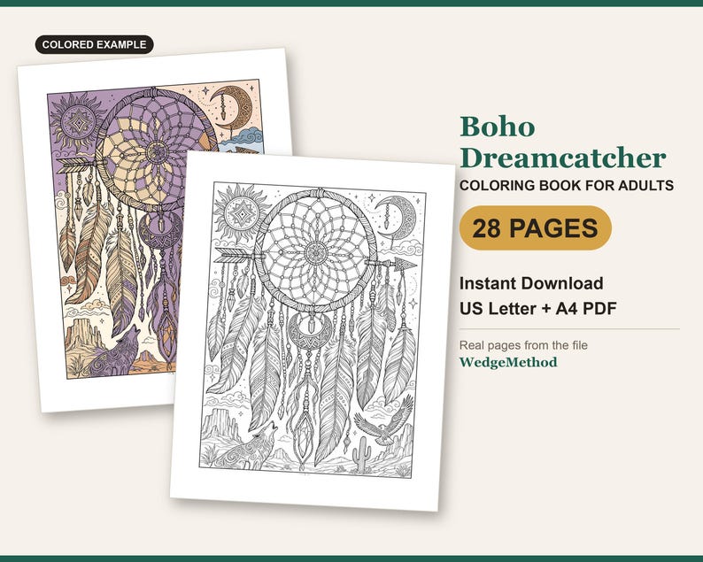 Boho Dreamcatcher coloring book cover: a real page from the PDF as line art next to a colored example