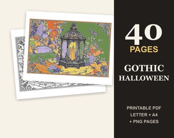 Gotycka kolorowanka na Halloween dla dorosłych, 40 szczegółowych stron z nawiedzonym domem, czarownicą i dynią, PDF