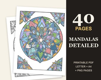 Könnte beinhalten: Ein digitales Malbuch-Set mit 40 Seiten detaillierter Mandalas. Das Cover zeigt ein kreisförmiges Mandala mit blauen, grünen und rosafarbenen Blütenblättern, floralen Eckakzenten und dem Text 40 PAGES MANDALAS DETAILED PRINTABLE PDF LETTER + A4 + PNG PAGES.