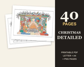Pode incluir: Um conjunto de livro de colorir digital com 40 páginas de ilustrações detalhadas de Natal. A capa exibe um desenho colorido de uma lareira de tijolos com meias e azevinho, junto com o texto 40 PAGES CHRISTMAS DETAILED PRINTABLE PDF LETTER + A4 + PNG PAGES.