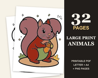 Large Print Animal Coloring Book for Seniors, 32 Bold Easy Printable Pages (PDF)