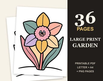 Large Print Garden Coloring Book for Seniors, 36 Bold Easy Flower & Garden Pages (PDF)